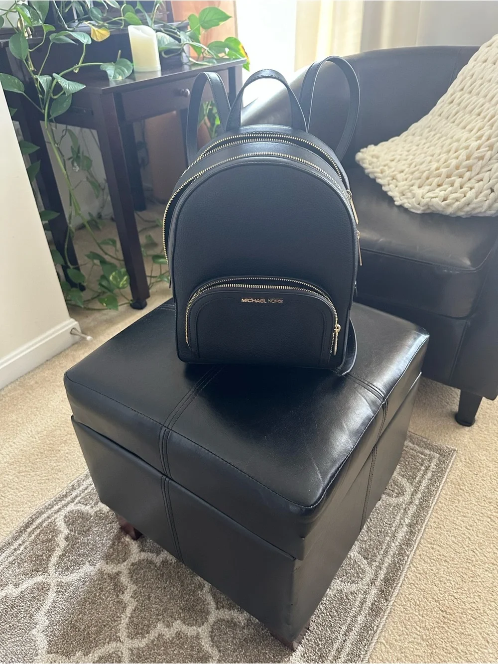 Michael Kors Black Pebbled Leather Mini Backpack with Gold Hardware